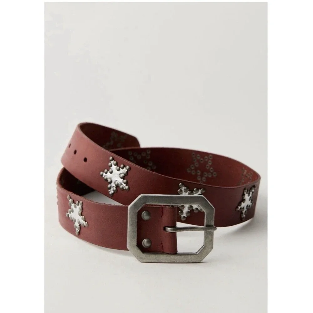FREE PEOPLE Starcrossed Studded Leather Belt Brown Stars Big Buckle M/L Boho